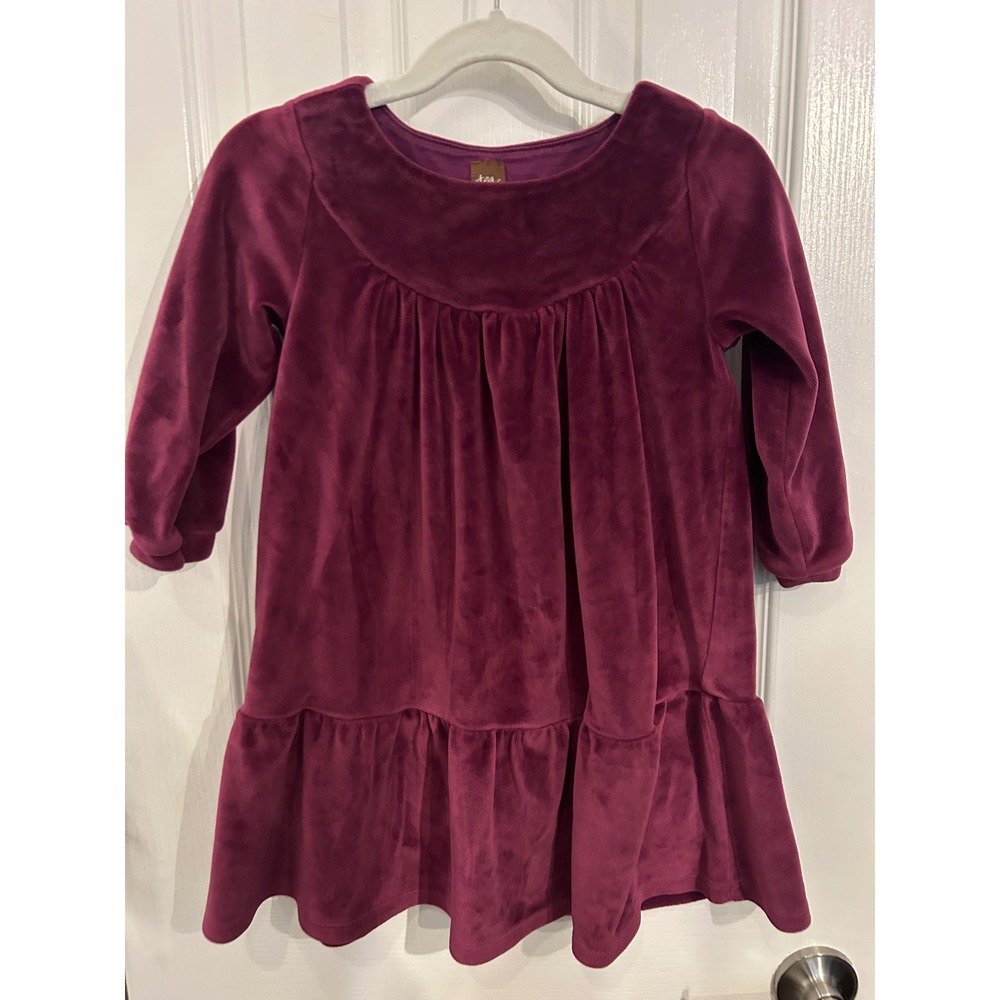Tea Collection Kids Velour Ruffle Hem‎ Dress Plum Purple 5 Long Sleeve k7073